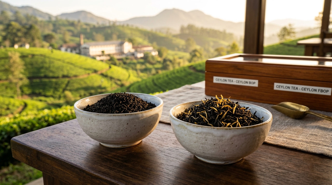 Ceylon BOP vs FBOP Tea Grades: Complete Comparison Guide | 100% Pure Ceylon Tea Authentic Ceylon Tea editorial photography: Ceylon BOP vs FBOP Tea Grades: Complete Comparison Guide showcasing Brewing & Tea Expertise, single-origin terroir, and hand-picked orthodox leaf quality