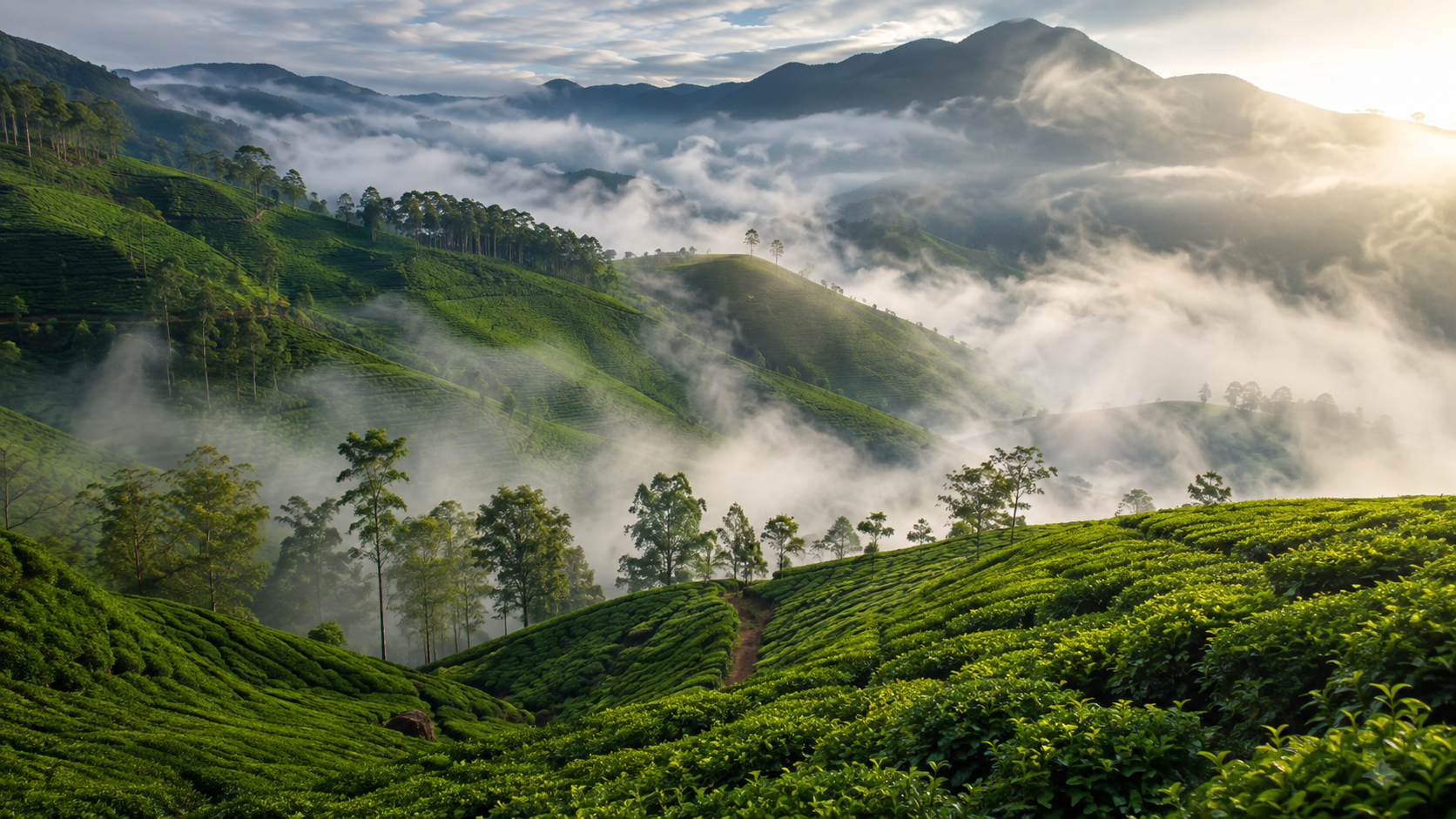 Nuwara Eliya High-Grown Ceylon Tea Region (1,800m - 2,500m) Misty mountain peaks and terraced Pedro Estate tea plantations in Nuwara Eliya, the highest tea growing region in Sri Lanka