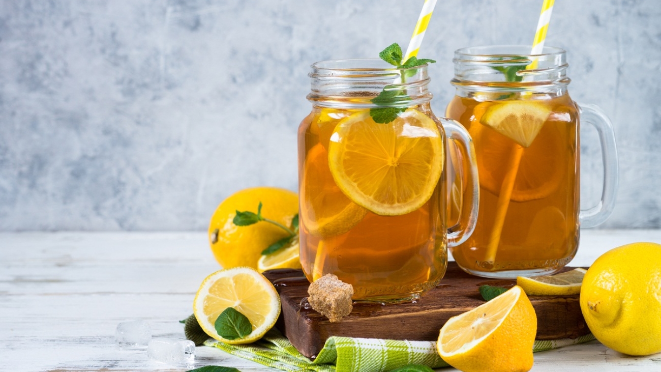 Iced tea with lemon. Refreshment cold summer drink.
